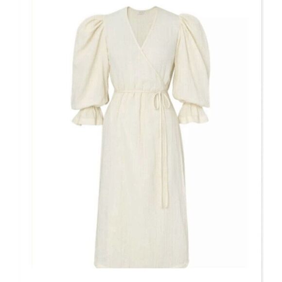 RHODE RESORT Emi Wrap Midi Dress Puff Sleeves Ruffle Cream Cotton XS NEW -232294 - Picture 1 of 12